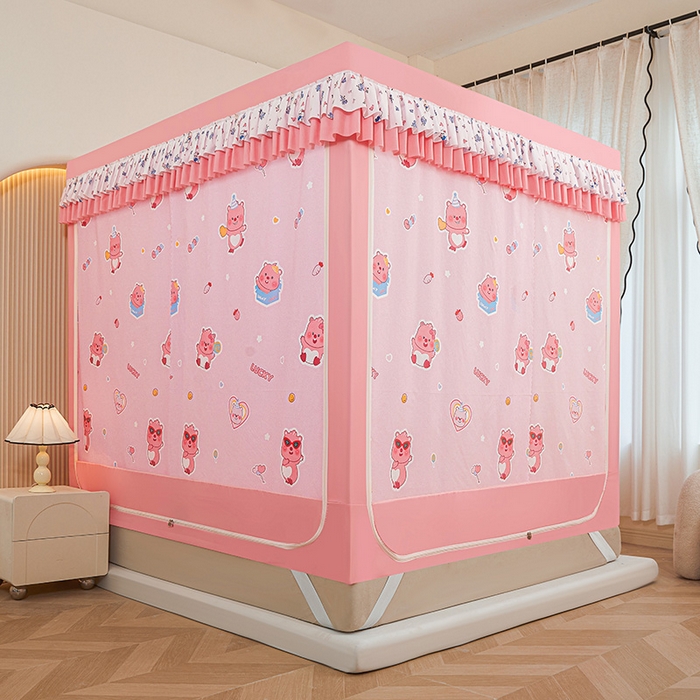 91家纺网 家纺一手货源 找家纺 迪凡保罗蚊帐 2025新款2503专版印花遮光帘防摔坐床蚊帐实拍图 粉红小熊