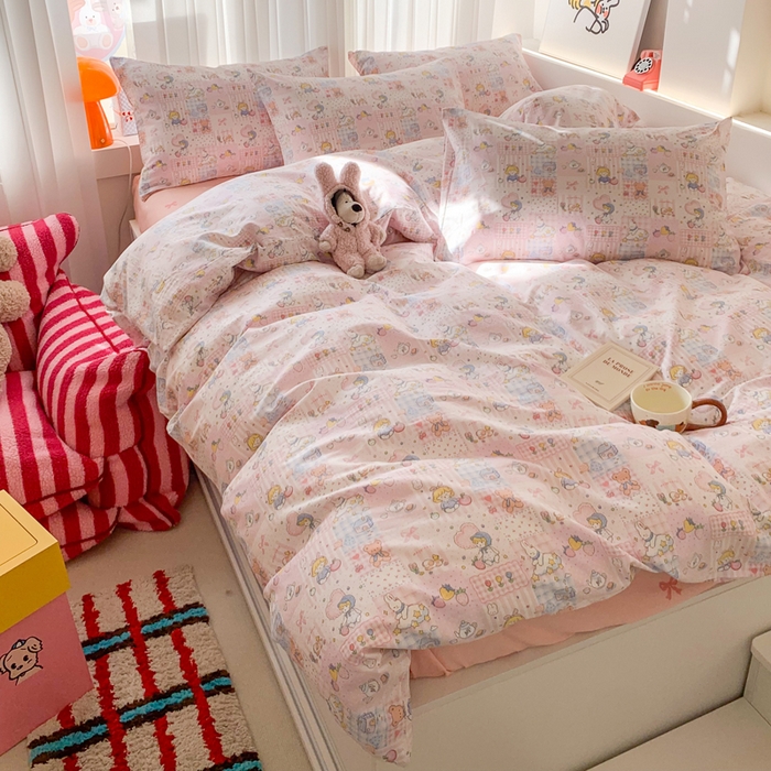 91家纺网 家纺一手货源 找家纺 澳萝拉 2025新款小碎花清新春夏全棉花边双层纱韩系三件套四件套 粉粉日记