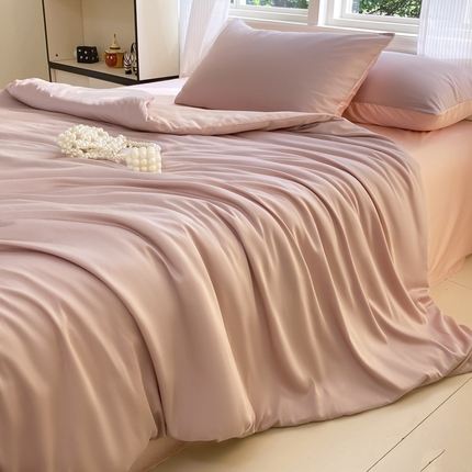 悦织湾家纺 2025新款水洗冰丝双面纯色轻奢四件套学生宿舍三件套 冰丝-豆沙紫+粉