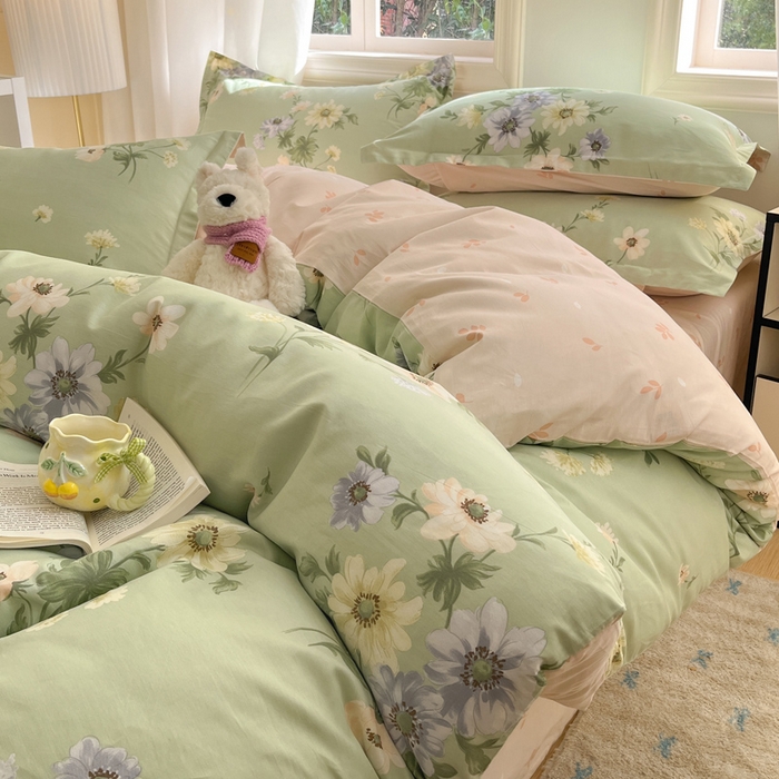 91家纺网 家纺一手货源 找家纺 涵宸家纺 2025新款全棉印花四件套 B花期-绿