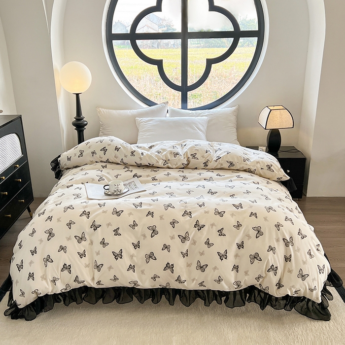 91家纺网 家纺一手货源 找家纺 眠势力 2025新款赫本风被套韩版荷叶花边被罩四季款 蝴蝶飞