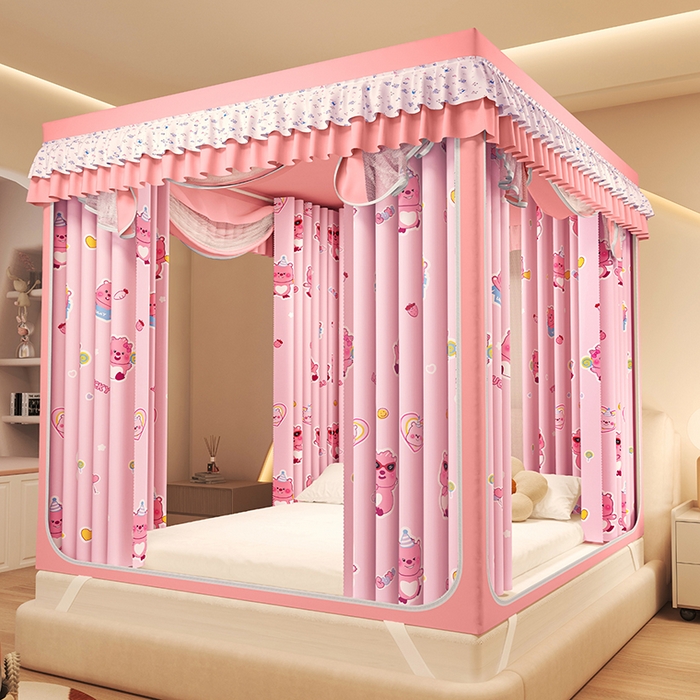 91家纺网 家纺一手货源 找家纺 迪凡保罗蚊帐 2025新款2503专版印花遮光帘防摔坐床蚊帐建模图 粉红小熊