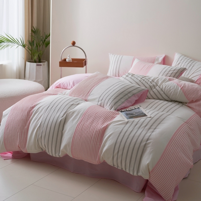 91家纺网 家纺一手货源 找家纺 金丝鸟家纺 2025新款全棉三层纱提花系列四件套 晴岚 粉