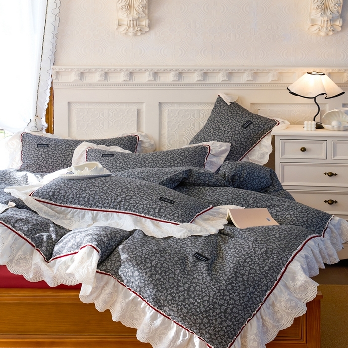 91家纺网 家纺一手货源 找家纺 久典2025A类法式复古双层纱织带贴边花边款四件套 莫奈