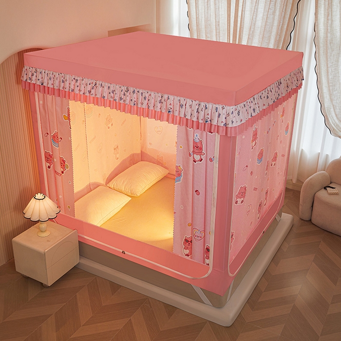 91家纺网 家纺一手货源 找家纺 迪凡保罗蚊帐 2025新款2503专版印花遮光帘防摔坐床蚊帐实拍图 粉红小熊