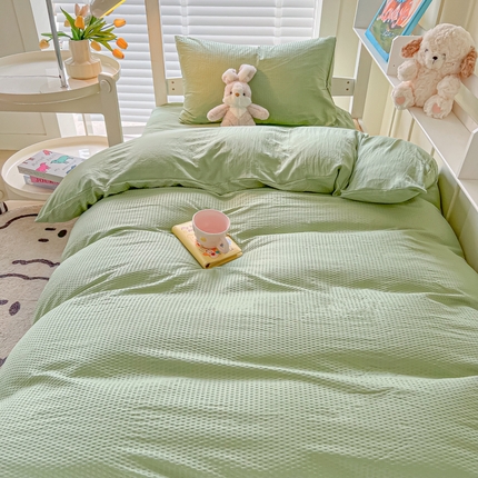 91家纺网 家纺一手货源 找家纺 （总）悦织湾家纺 2025新款华夫格压泡亲肤学生宿舍三件套单人床轻奢时尚四件套