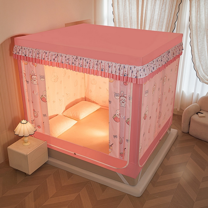 91家纺网 家纺一手货源 找家纺 迪凡保罗蚊帐 2025新款2503专版印花遮光帘防摔坐床蚊帐实拍图 粉红兔兔