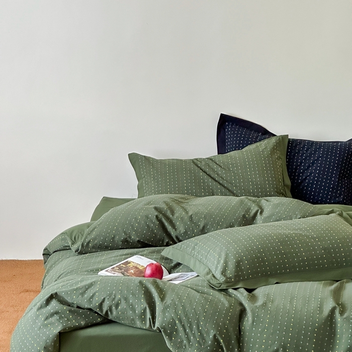 91家纺网 家纺一手货源 找家纺 云上  2025新款色织小提花方糖水洗棉四件套 方糖-军绿