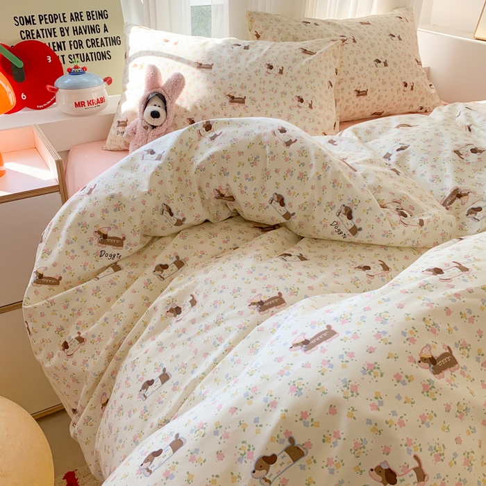 91家纺网 家纺一手货源 找家纺 澳萝拉 2025新款小碎花清新春夏全棉花边双层纱韩系三件套四件套 狗狗乐园