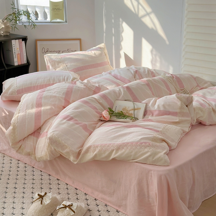 91家纺网 家纺一手货源 找家纺 澳萝拉 2025新款小碎花清新春夏全棉花边双层纱韩系三件套四件套 可露丽-粉