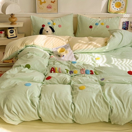 91家纺网 家纺一手货源 找家纺 逸尚阁 2025新款小清新毛巾绣四件套（提供买家秀） 波点-碧青