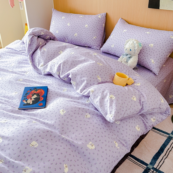 91家纺网 家纺一手货源 找家纺 感遇全棉软萌清新四件套 紫花猫