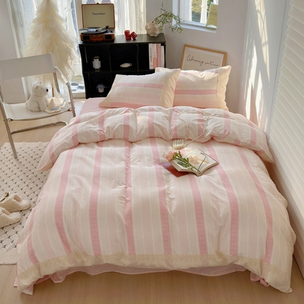 澳萝拉 2025新款小碎花清新春夏全棉花边双层纱韩系三件套四件套 可露丽-粉