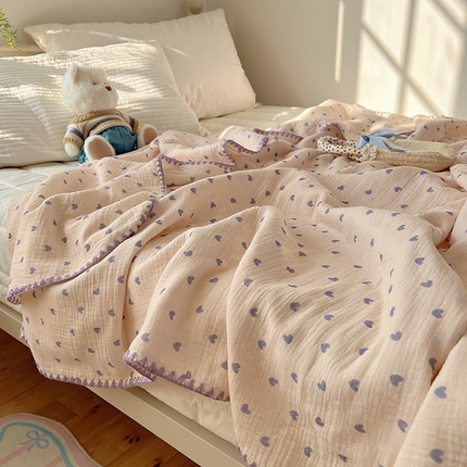 91家纺网 家纺一手货源 找家纺 三朵ins风韩国A类全棉绉绉纱多功能毯情图 紫心