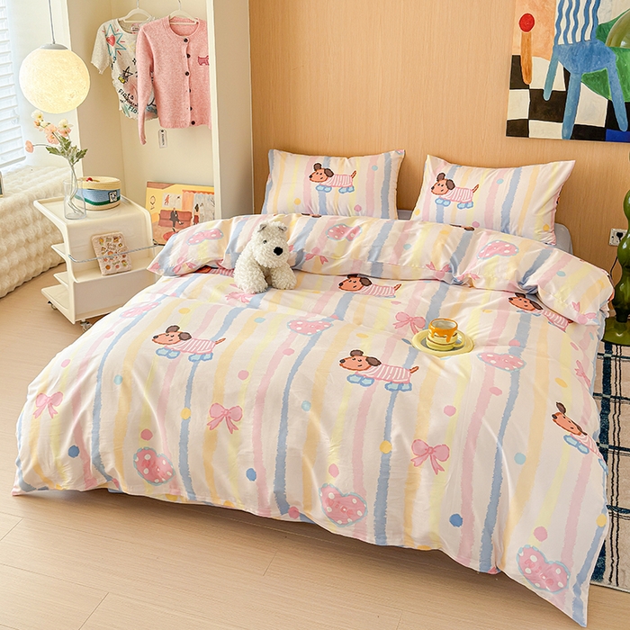 91家纺网 家纺一手货源 找家纺 感遇全棉软萌清新四件套 五彩小狗