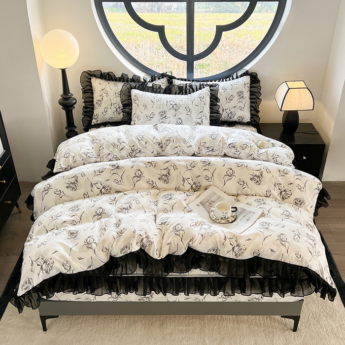 91家纺网 家纺一手货源 找家纺 眠势力 2025新款赫本风被套韩版荷叶花边被罩四季款 玫瑰之恋