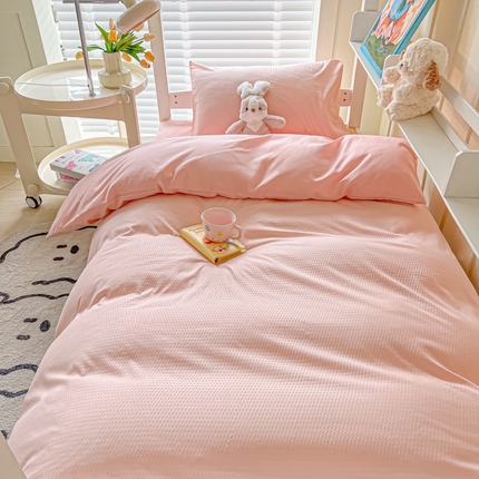 悦织湾家纺 2025新款华夫格压泡亲肤学生宿舍三件套单人床轻奢时尚四件套 华夫格-浅粉