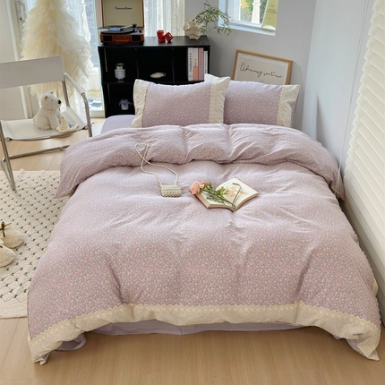 91家纺网 家纺一手货源 找家纺 （总）澳萝拉 2025新款小碎花清新春夏全棉花边双层纱韩系三件套四件套