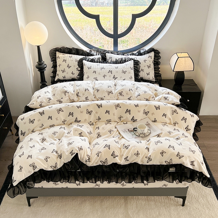 91家纺网 家纺一手货源 找家纺 眠势力 2025新款赫本风被套韩版荷叶花边被罩四季款 蝴蝶飞