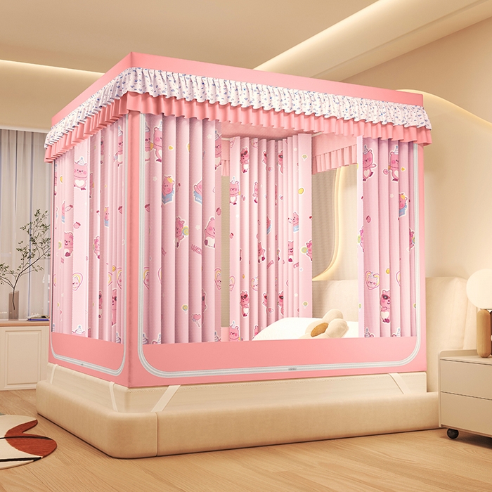 91家纺网 家纺一手货源 找家纺 迪凡保罗蚊帐 2025新款2503专版印花遮光帘防摔坐床蚊帐建模图 粉红小熊