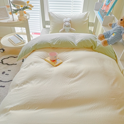 悦织湾家纺 2025新款华夫格压泡亲肤学生宿舍三件套单人床轻奢时尚四件套 华夫格压泡-芝士+果绿