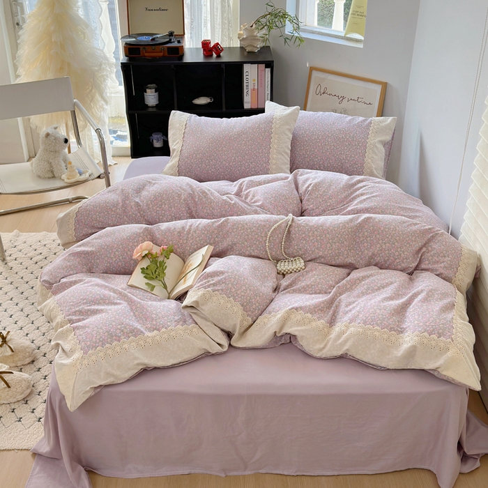 91家纺网 家纺一手货源 找家纺 澳萝拉 2025新款小碎花清新春夏全棉花边双层纱韩系三件套四件套 莫奈花园