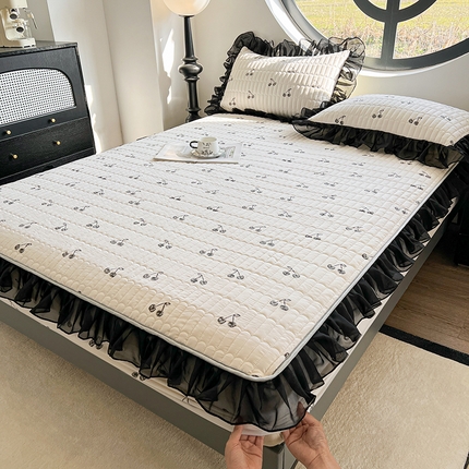 眠势力 2025新款赫本风花边床笠四季通用加厚夹棉席梦思保护套 多姿樱桃