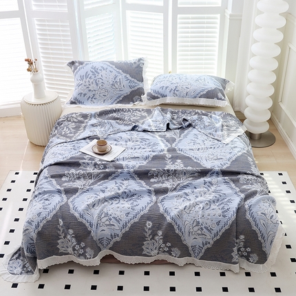 91家纺网 家纺一手货源 找家纺 朴尔2025年新款韩式花边纯棉竹纤维加大成人纱布毛巾被 半夏时光-毛巾被