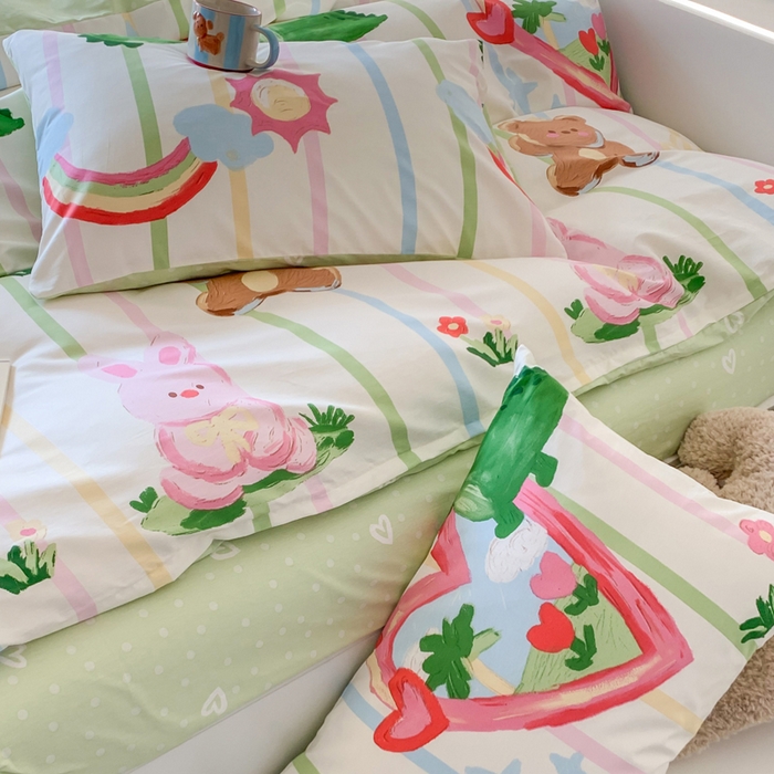 91家纺网 家纺一手货源 找家纺 澳萝拉 2025新款小碎花清新春夏全棉花边双层纱韩系三件套四件套 开心农场