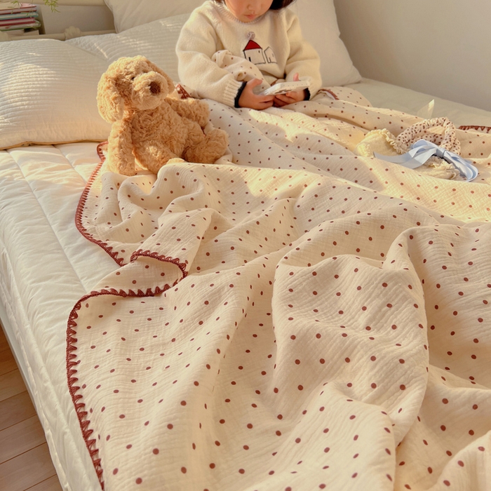 91家纺网 家纺一手货源 找家纺 三朵ins风韩国A类全棉绉绉纱多功能毯情图 小红点