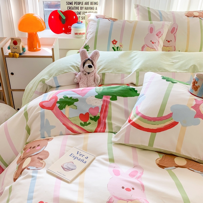 91家纺网 家纺一手货源 找家纺 澳萝拉 2025新款小碎花清新春夏全棉花边双层纱韩系三件套四件套 开心农场