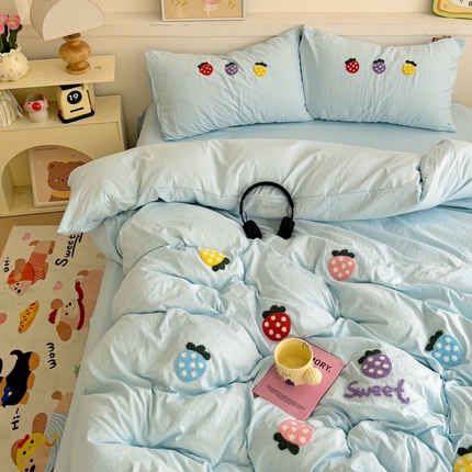 逸尚阁 2025新款小清新毛巾绣四件套（提供买家秀） 草莓-天蓝