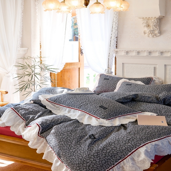 91家纺网 家纺一手货源 找家纺 久典2025A类法式复古双层纱织带贴边花边款四件套 莫奈