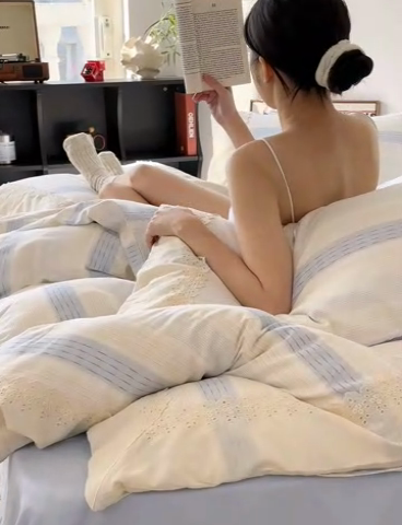 91家纺网 家纺一手货源 找家纺 澳萝拉 2025新款小碎花清新春夏全棉花边双层纱韩系三件套四件套 可露丽-蓝