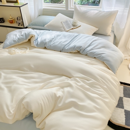 悦织湾家纺 2025新款水洗冰丝双面纯色轻奢四件套学生宿舍三件套 冰丝-芝士碧湖兰