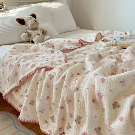 三朵ins风韩国A类全棉绉绉纱多功能毯情图 蝴蝶结熊