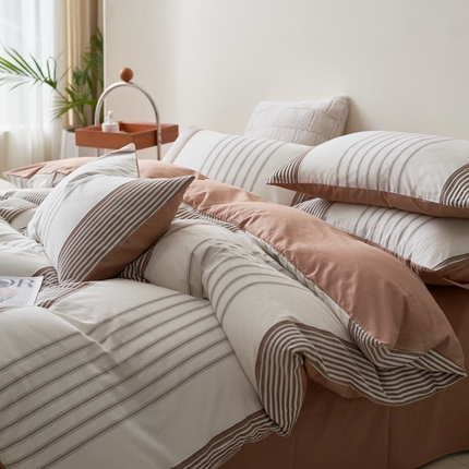 91家纺网 家纺一手货源 找家纺 金丝鸟家纺 2025新款全棉三层纱提花系列四件套 晴岚 咖