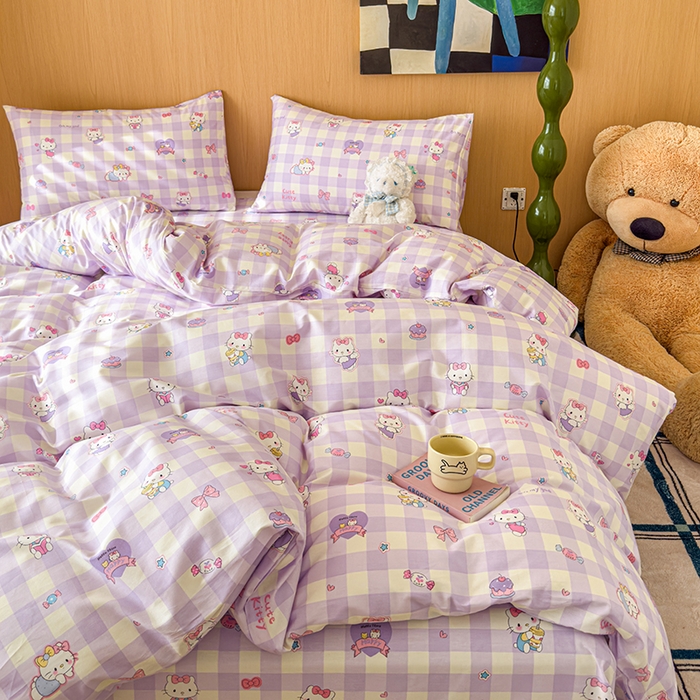 91家纺网 家纺一手货源 找家纺 感遇全棉软萌清新四件套 紫格猫咪