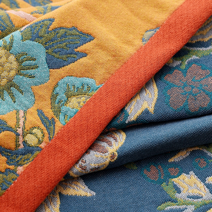 91家纺网 家纺一手货源 找家纺 朴尔2025年新品国潮风加大加厚全棉六层纱布浴巾四件套 花间物语橘-浴巾