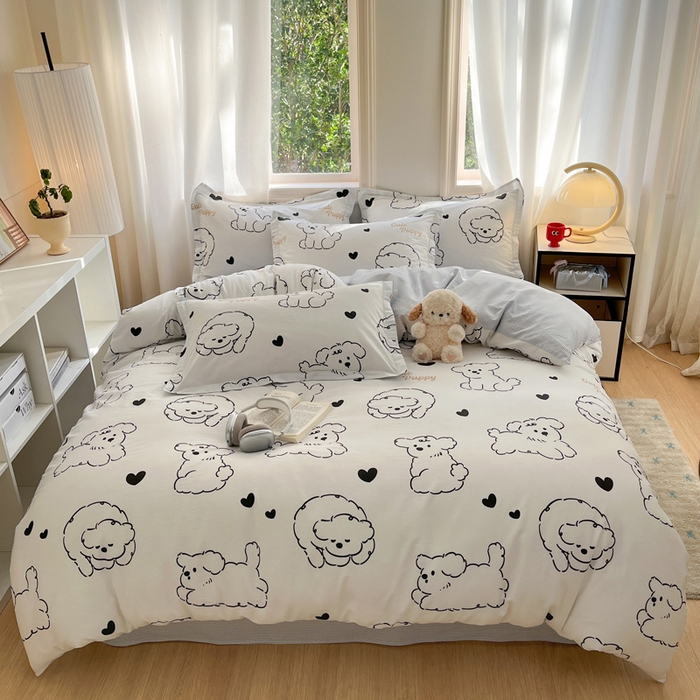 91家纺网 家纺一手货源 找家纺 涵宸家纺 2025新款全棉印花四件套 B呆萌小狗