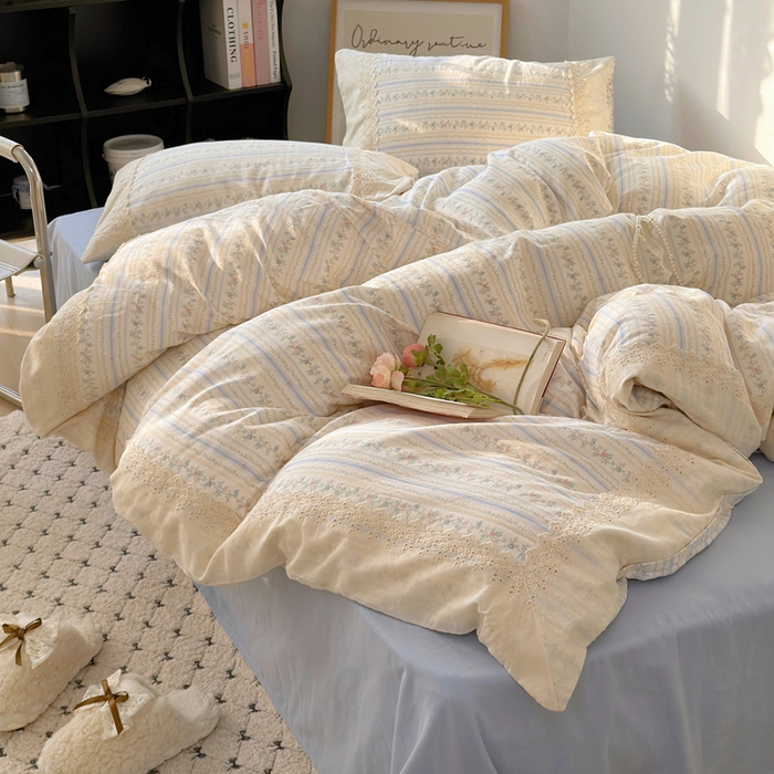 91家纺网 家纺一手货源 找家纺 （总）澳萝拉 2025新款小碎花清新春夏全棉花边双层纱韩系三件套四件套