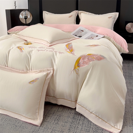 灰鲸 2025新款A类轻奢水洗棉刺绣四件套-邂逅 邂逅-奶昔白+樱花粉