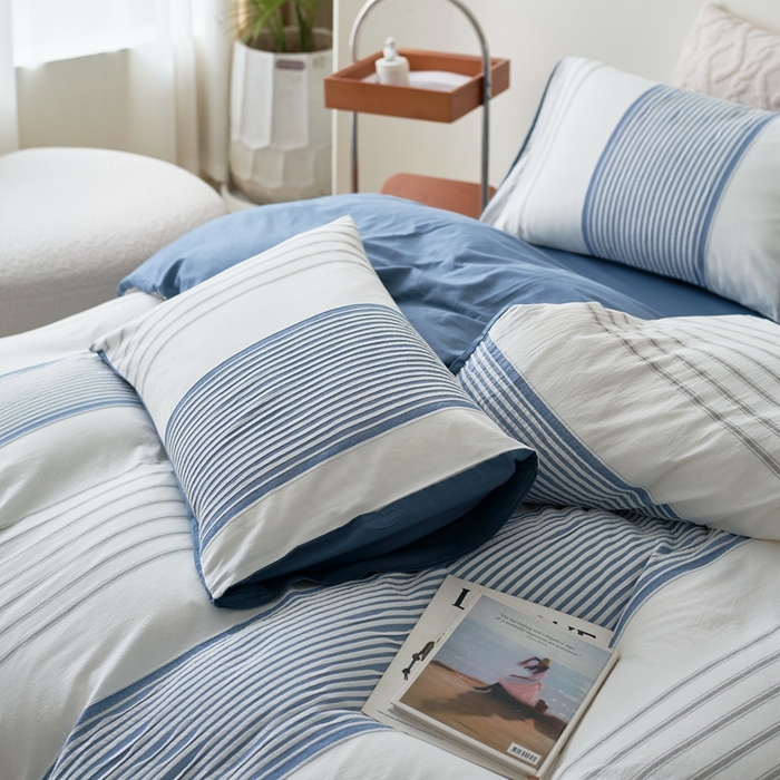 91家纺网 家纺一手货源 找家纺 金丝鸟家纺 2025新款全棉三层纱提花晴岚系列四件套 晴岚 深蓝