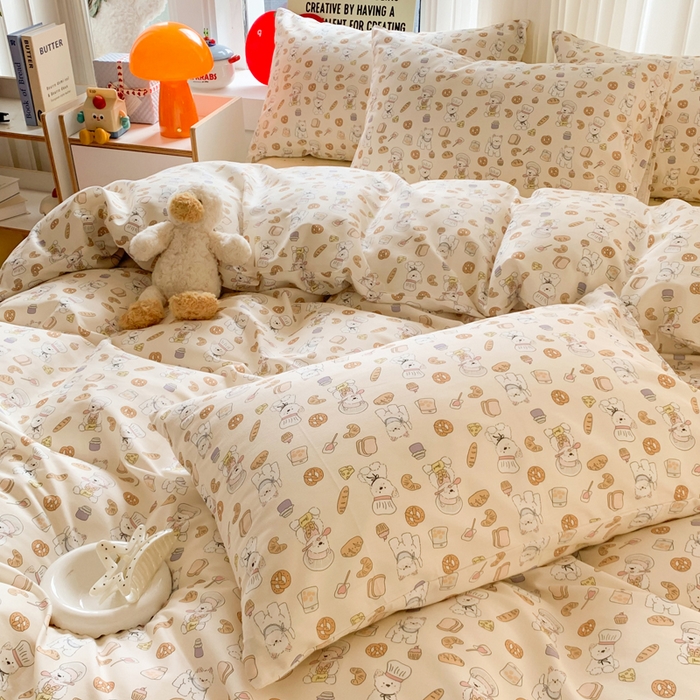 91家纺网 家纺一手货源 找家纺 澳萝拉 2025新款小碎花清新春夏全棉花边双层纱韩系三件套四件套 厨师小狗