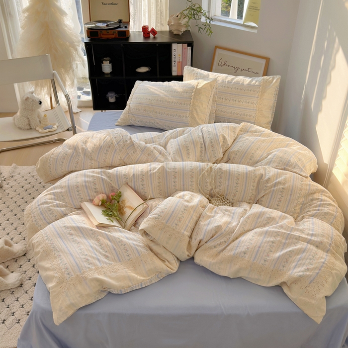 91家纺网 家纺一手货源 找家纺 澳萝拉 2025新款小碎花清新春夏全棉花边双层纱韩系三件套四件套 白兰地