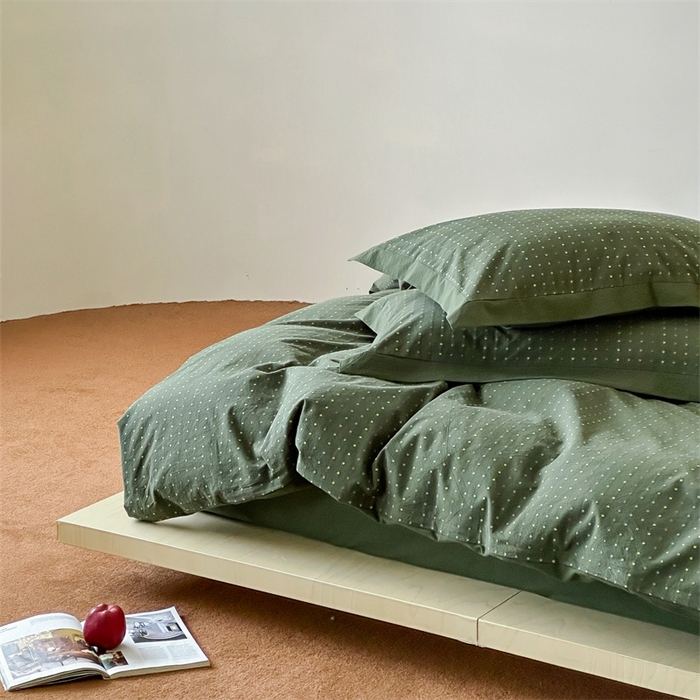 91家纺网 家纺一手货源 找家纺 云上  2025新款色织小提花方糖水洗棉四件套 方糖-军绿