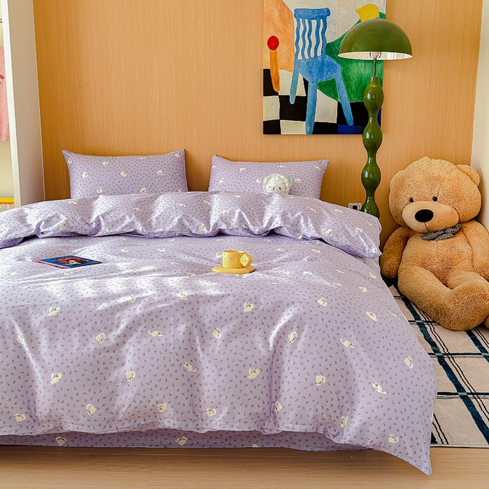 91家纺网 家纺一手货源 找家纺 感遇全棉软萌清新四件套 紫花猫