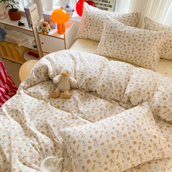 91家纺网 家纺一手货源 找家纺 澳萝拉 2025新款小碎花清新春夏全棉花边双层纱韩系三件套四件套 厨师小狗