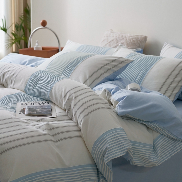 91家纺网 家纺一手货源 找家纺 金丝鸟家纺 2025新款全棉三层纱提花晴岚系列四件套 晴岚 天蓝