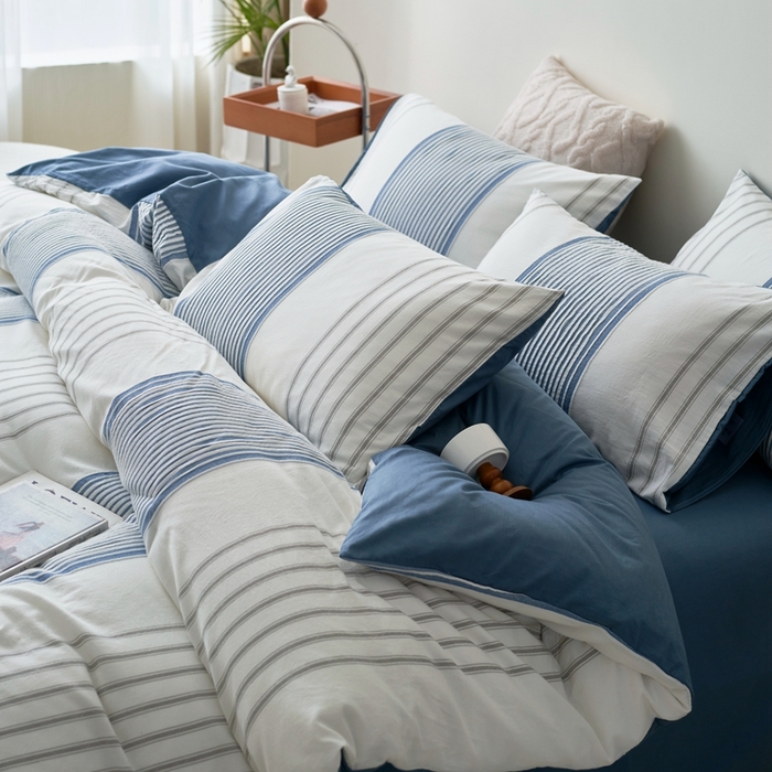 91家纺网 家纺一手货源 找家纺 金丝鸟家纺 2025新款全棉三层纱提花晴岚系列四件套 晴岚 深蓝